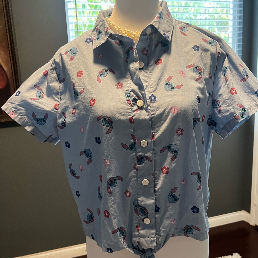 Disney Blue Stitch Print Blouse in EUC. Size Med.